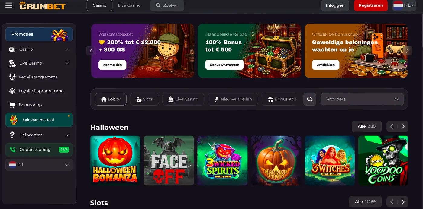 Crumbet Casino lobby met slots en live casino